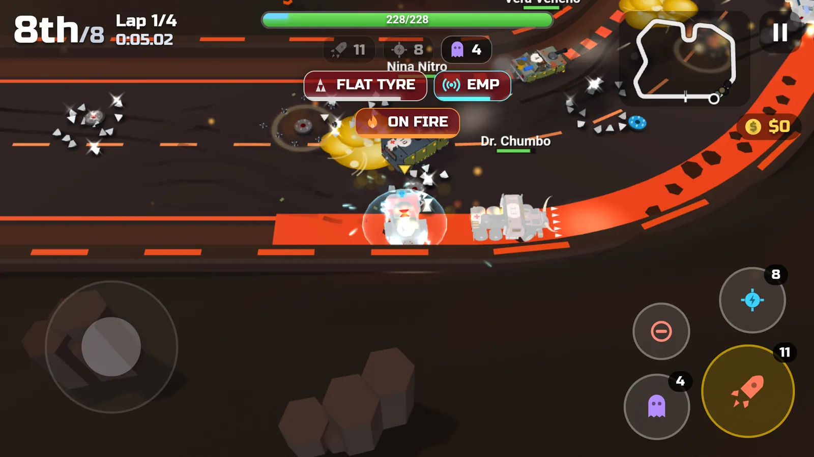 A night race on the lava track, with cars on fire and the EMP pulse
